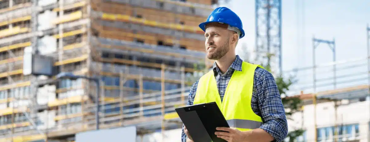 Industrial worker completing OSHA Form 301 incident report at construction site