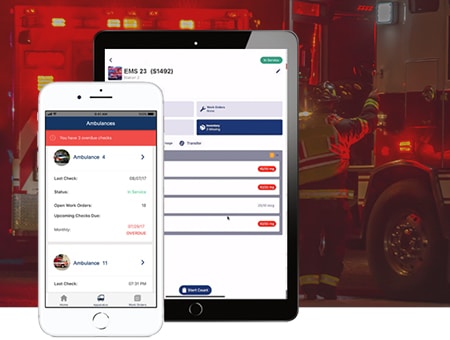 Vector Check It equipment inspections software for fire and EMS departments on two mobile devices.