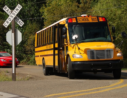 A school bus stopped at a uncontrolled railroad crossing in Roseburg Oregon