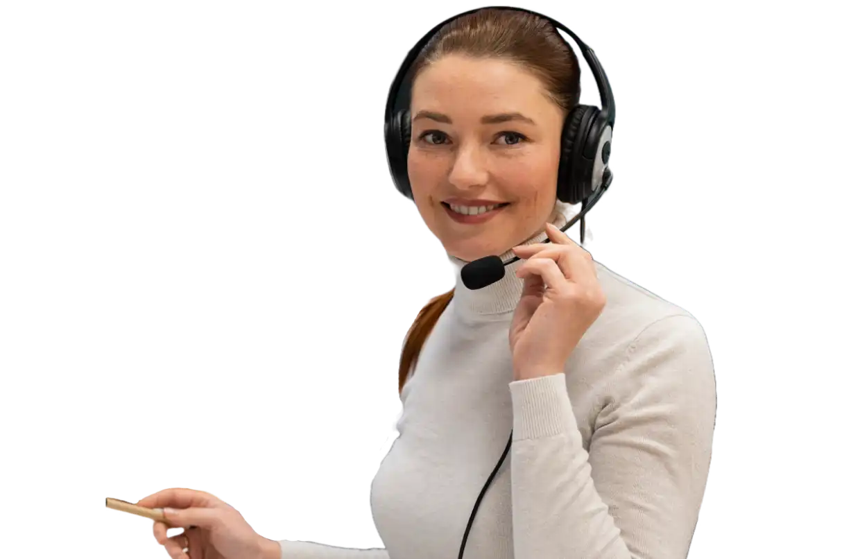 Call centre operator wearing a headset at work