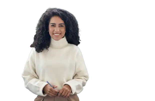 Woman wearing a white turtleneck sweater, smiling