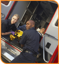 Emergency medical service workers in an EMT truck