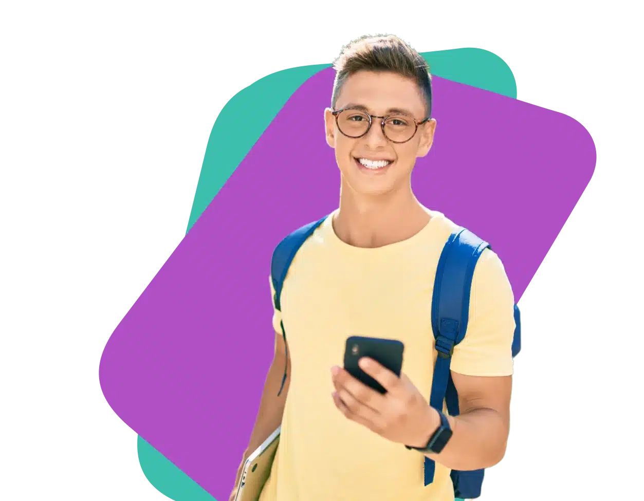 Young adult wearing glasses and a backpack holding a phone