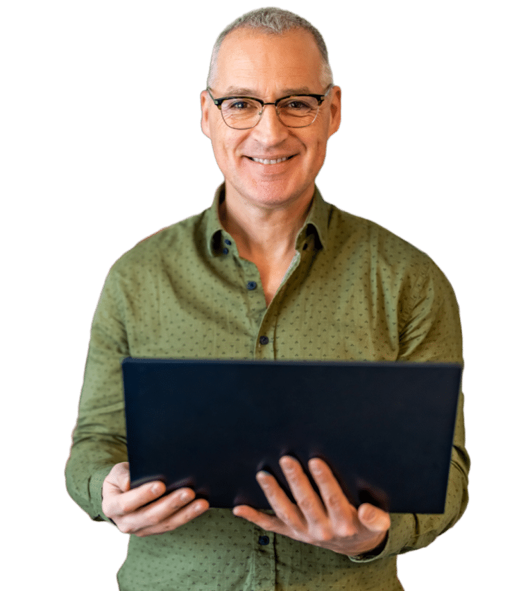 Man holding up a laptop