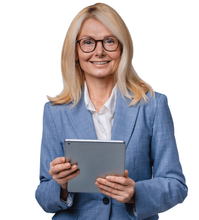 Woman wearing glasses holding a tablet