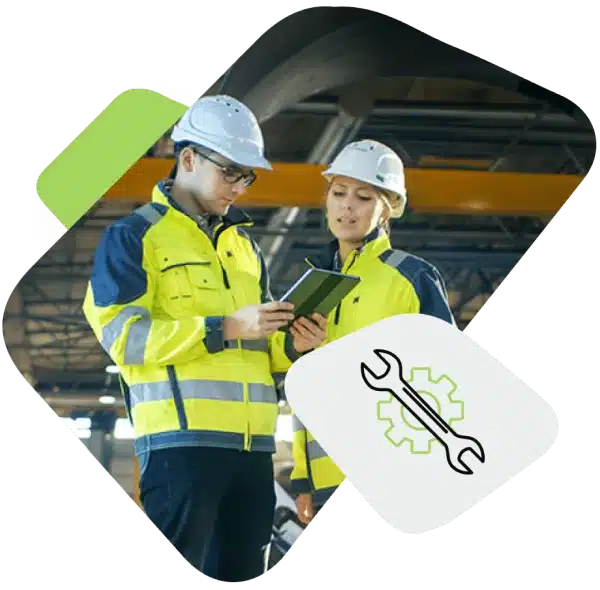 Industrial workers looking at a tablet together