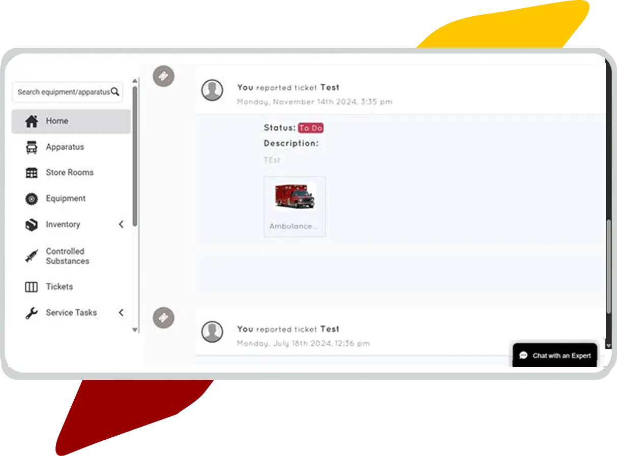 Screenshot of Vector Check It, EMS inventory management software interface, showing the user home page with at-a-glance insights into reported tickets, checks, and other actions.