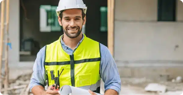 An architect wearing a white hard hat and high-visibility vest, holding rolled plans and a walkie-talkie in front of a partially built structure.