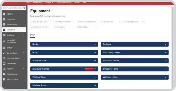 Screenshot showing tracked PPE equipment in Vector Check It, including boots, hood, structural coat, and structural pants.