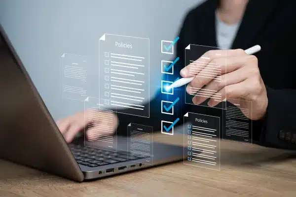 Policy documentation and compliance concept, Businesswomen checking on digital documents, Check steps through policies, certifications, financial detail, Quality inspection, Terms and Conditions